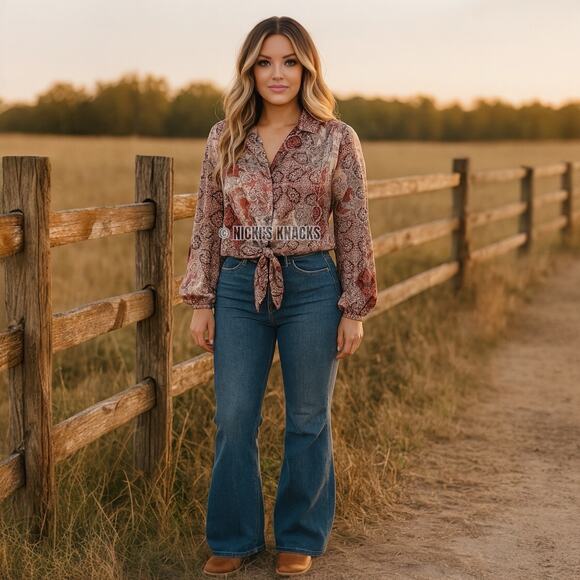 Eclair Satin Western Paisley Print Puff Sleeve Tie Front Blouse Plum Size S - Picture 9 of 10
